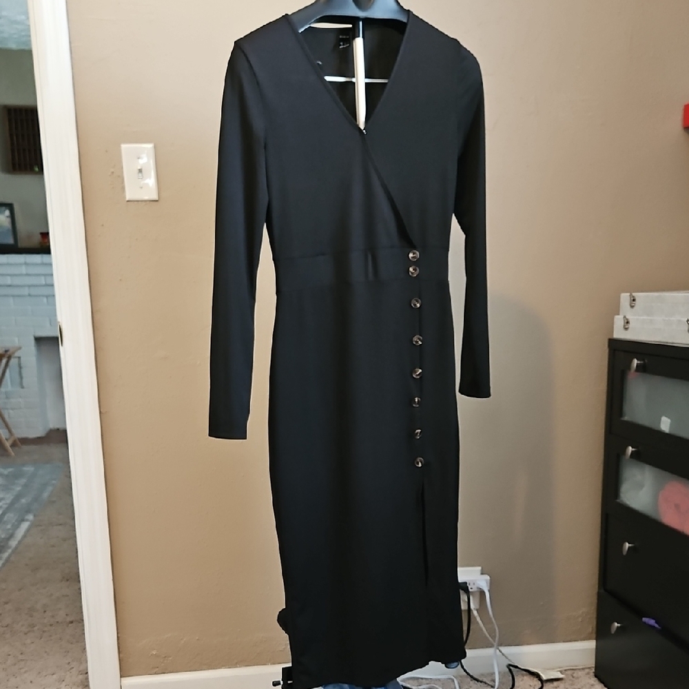 SHEIN Black Long Sleeve Body Con Button Dress